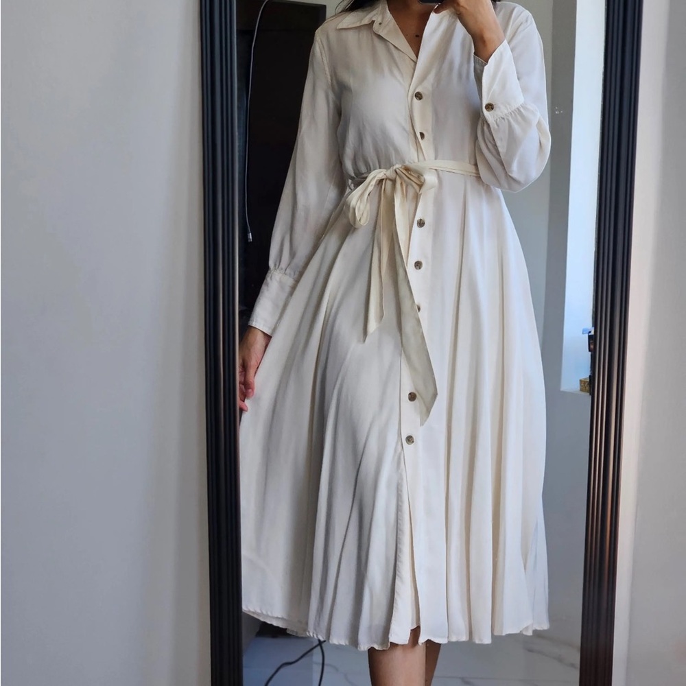 Banana Republic Cream Button-Down Midi Shirtdress with Tie Waist